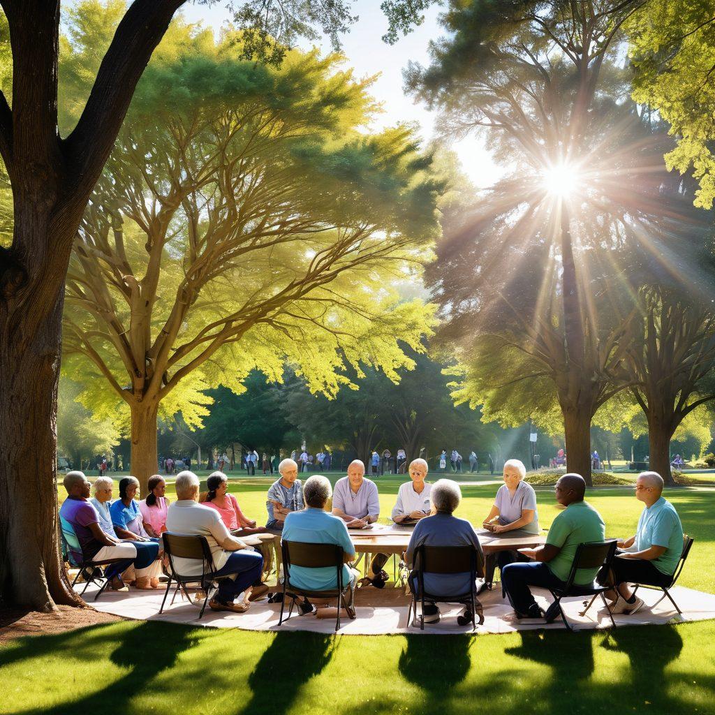 A compassionate and hopeful scene depicting a diverse group of cancer patients and survivors gathered in a serene park, sharing stories and resources, with sunlight filtering through trees, symbolizing support and resilience. Include elements like informational pamphlets, support group banners, and a rainbow in the background to represent hope. super-realistic. vibrant colors. tranquil setting.